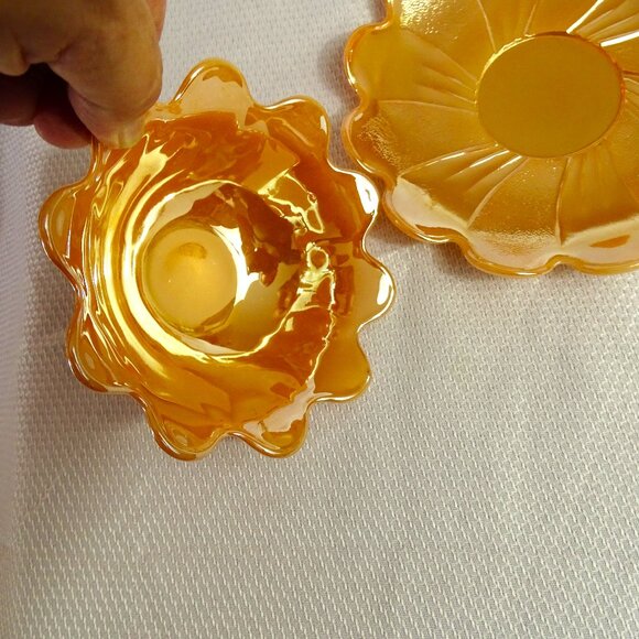 Vintage Fire King Peach Lustre Lotus Bowl & Saucer Plate Glass Set 1950s - 1960s - Picture 4 of 5